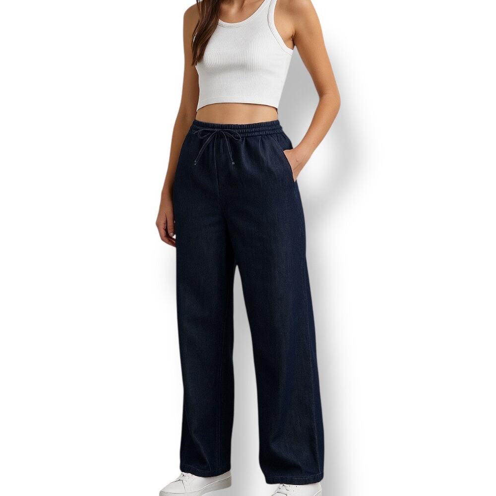 Glassworks London Dark Wash Denim Wide Leg High Rise Pants Drawstring‎ Waist